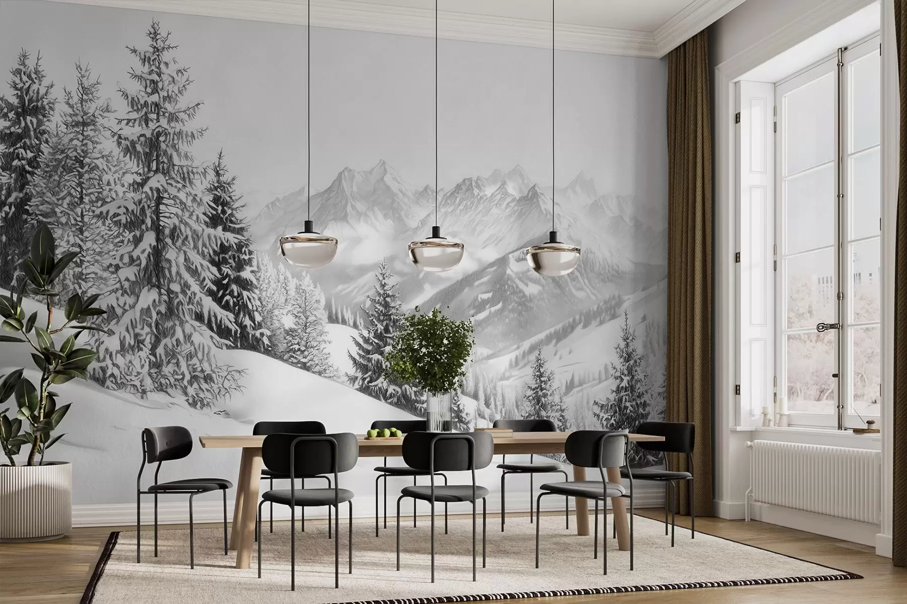 wall murals Winter in the mountains, forest, Alps, pencil style drawing, nature landscapes w02353
