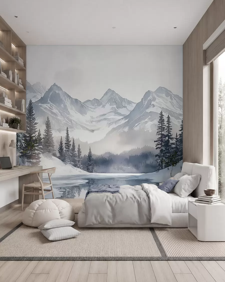 wall murals Mountains with lake, winter, forest, sunset sky, nature w02357