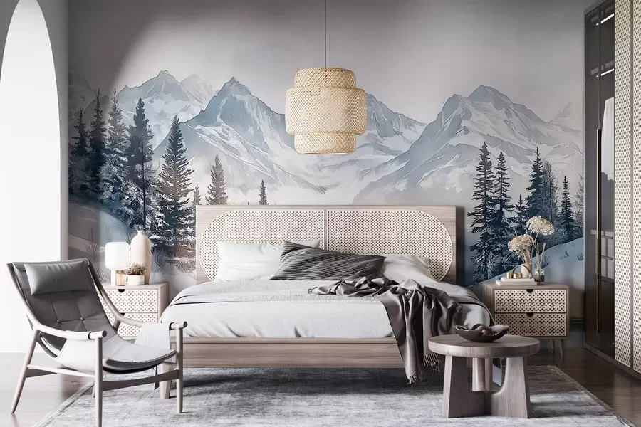 wall murals Mountains with lake, winter, forest, sunset sky, nature w02357