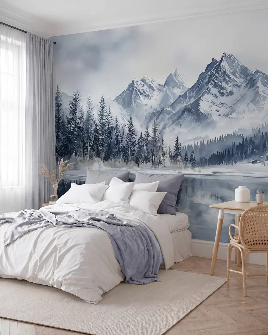wall murals The Alps in snow, winter forest, frozen lake, blue color palette w02358