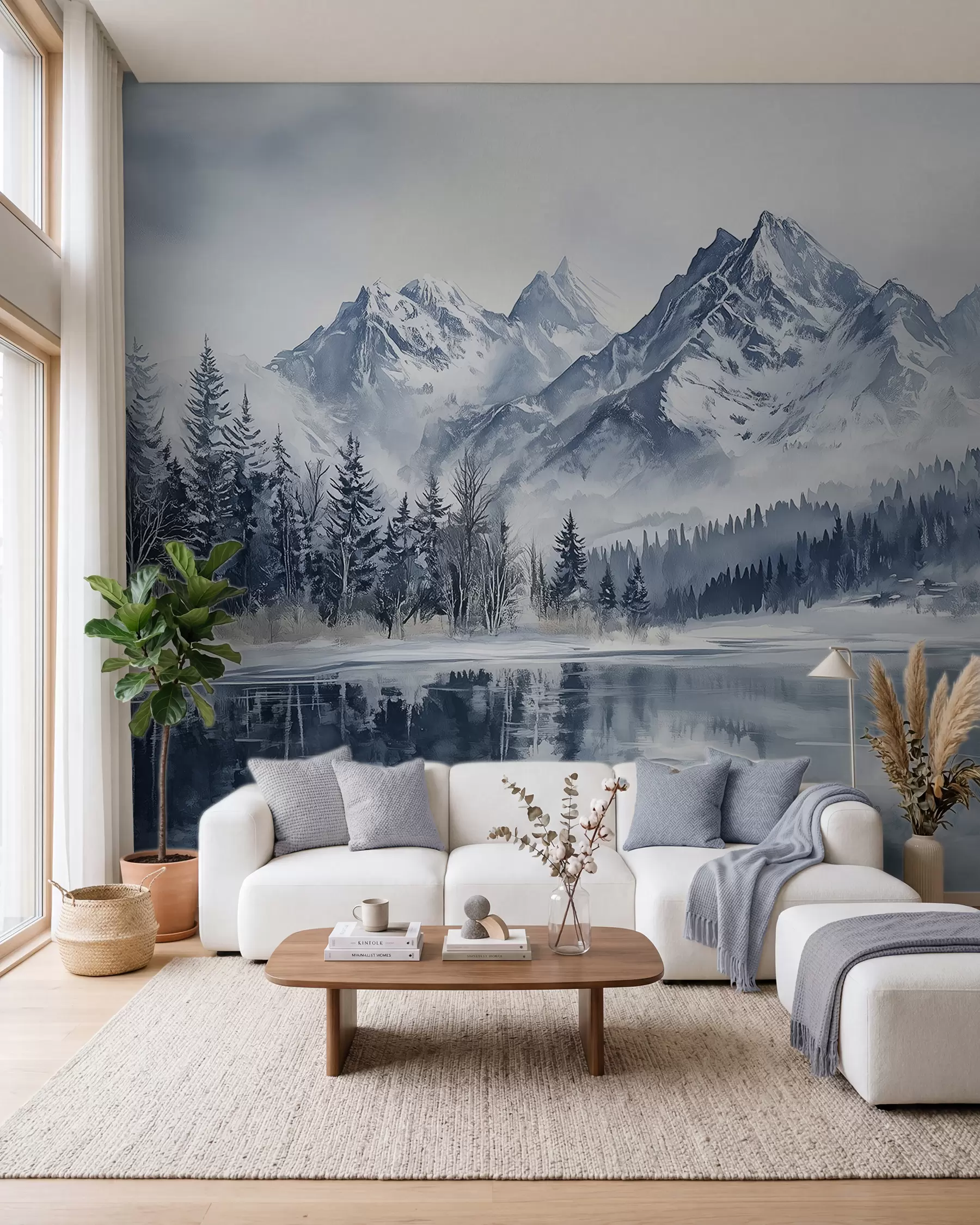 wall murals The Alps in snow, winter forest, frozen lake, blue color palette w02358