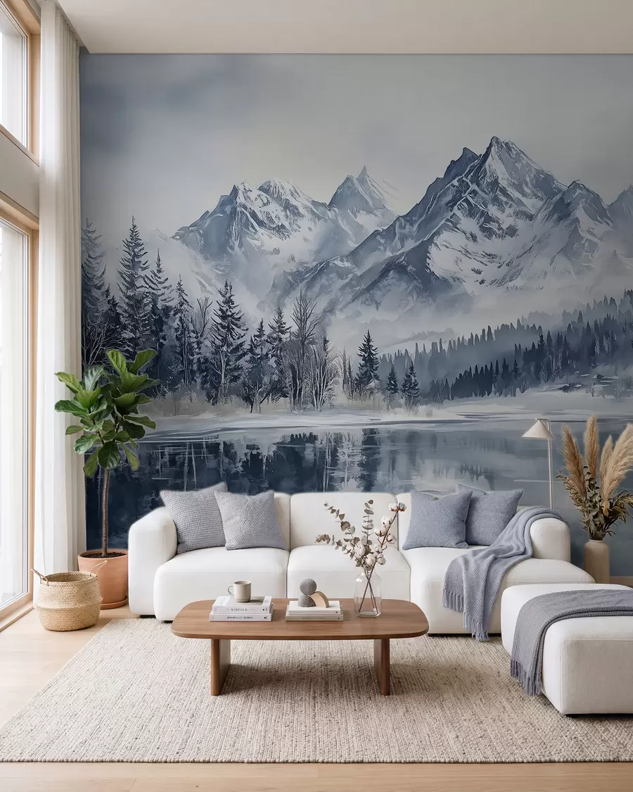 wall murals The Alps in snow, winter forest, frozen lake, blue color palette w02358