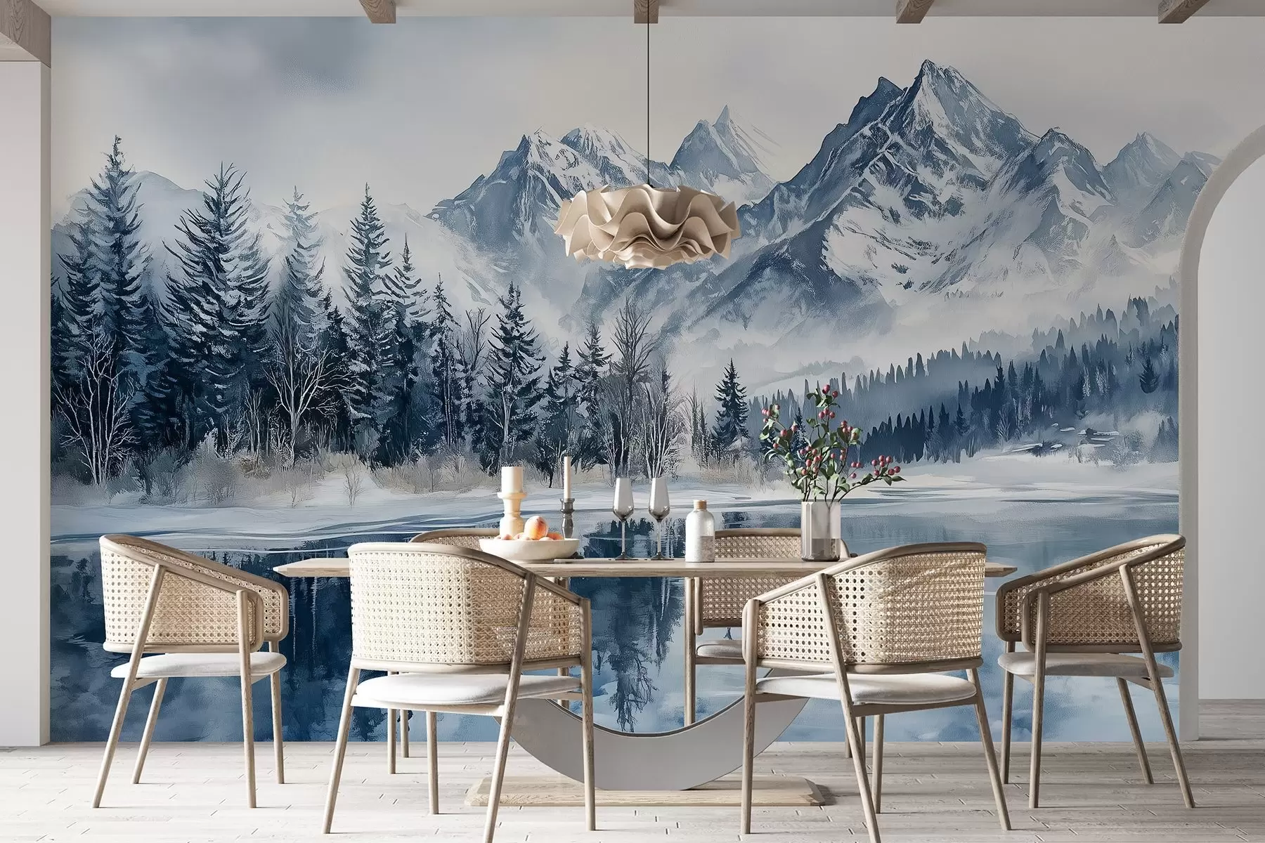 wall murals The Alps in snow, winter forest, frozen lake, blue color palette w02358