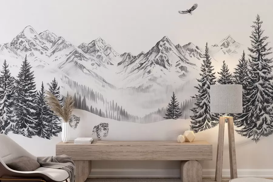 wall murals Winter mountains, snow leopards, pine forest, pencil drawing, flying eagle w02360