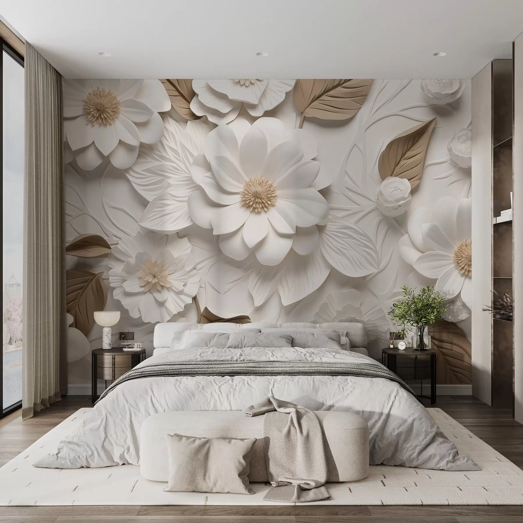 wall murals Volumetric flowers made of gypsum in two colors w02006
