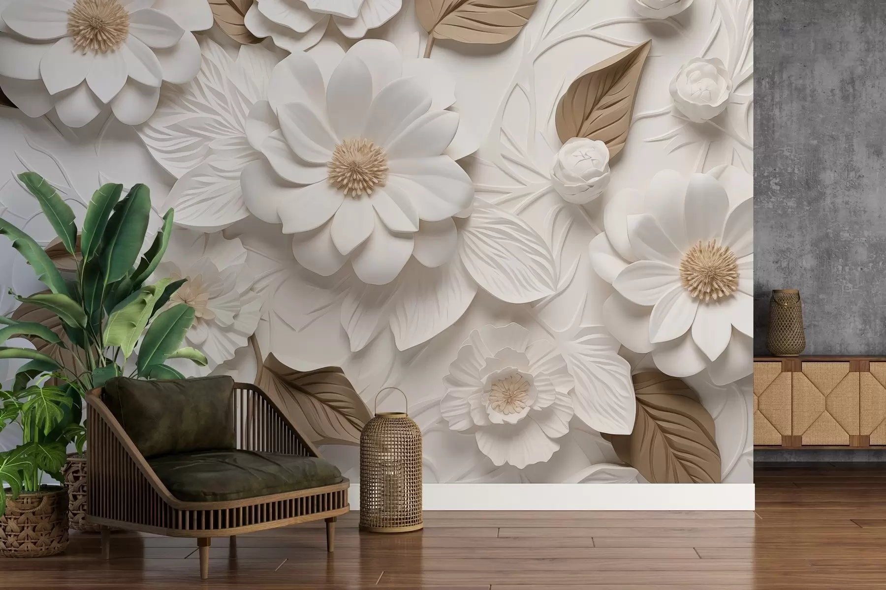wall murals Volumetric flowers made of gypsum in two colors w02006