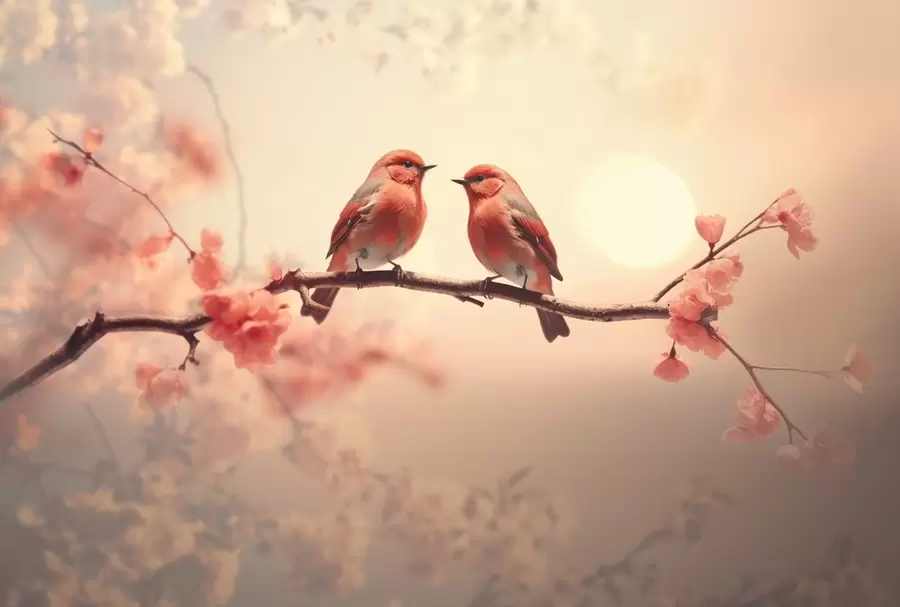 wall murals A serene and romantic scene with two little birds sitting on a delicate branch decorated with pale pink flowers w02343