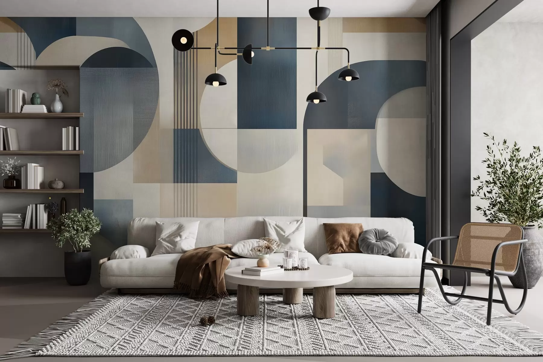 wall murals Art Deco wallpaper with a geometric pattern in blue, beige and milky shades w02346