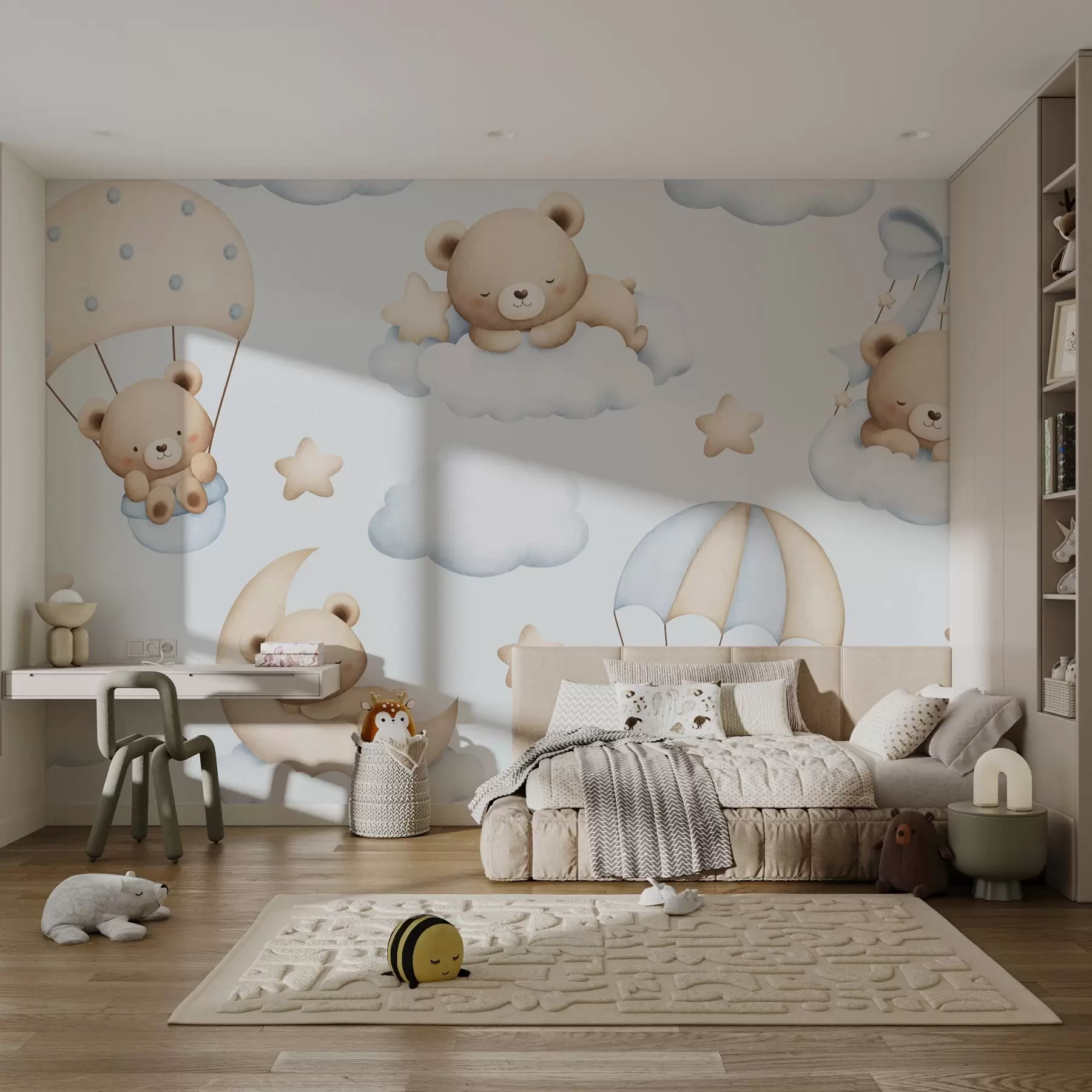wall murals Bears on parachutes and clouds on a blue background w02385