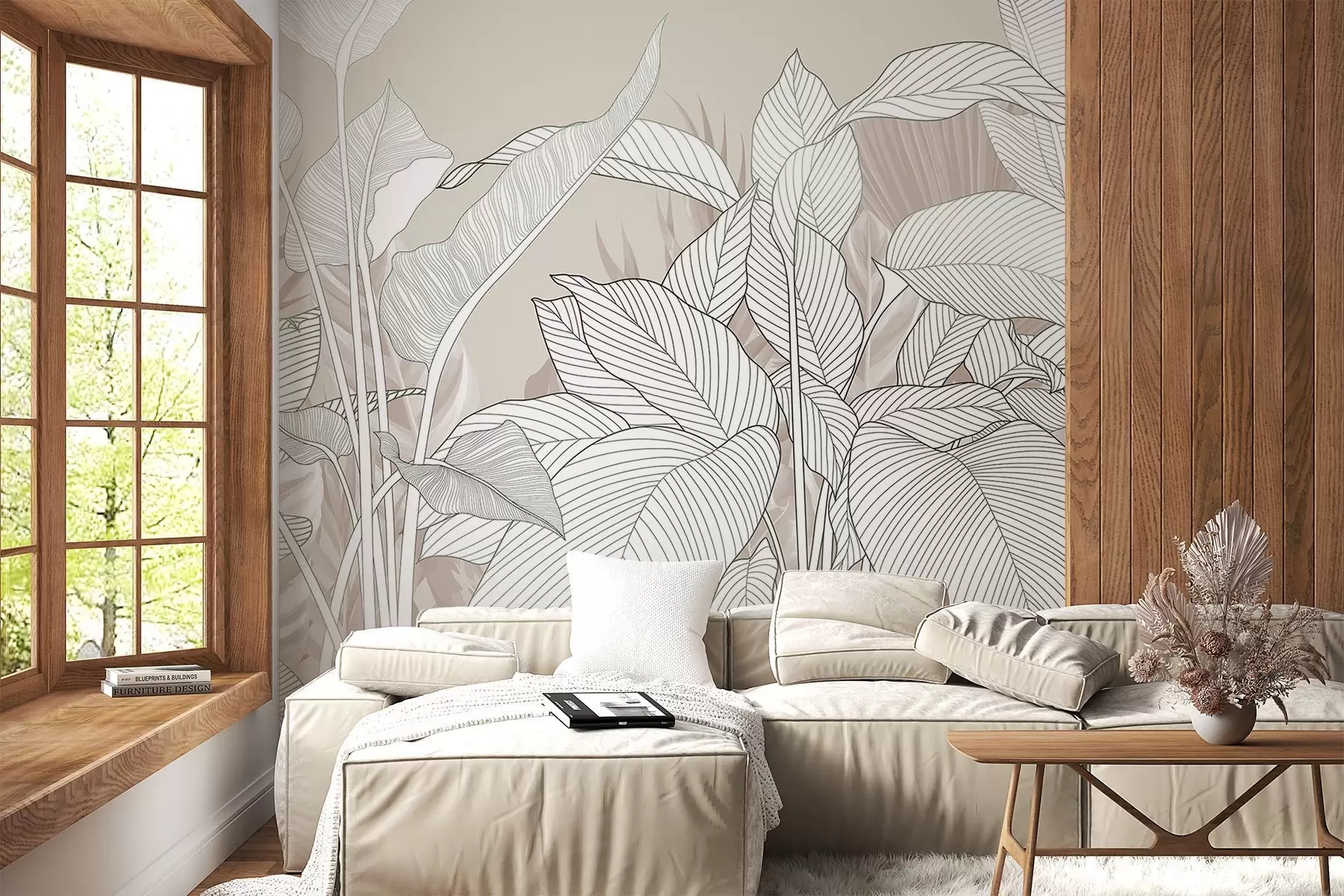 wall murals A monochrome illustration featuring large, stylized leaves and foliage with intricate line patterns and textures w08436v1