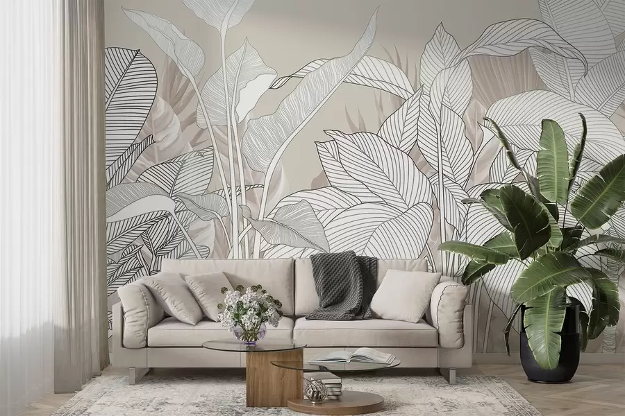 wall murals A monochrome illustration featuring large, stylized leaves and foliage with intricate line patterns and textures w08436v1