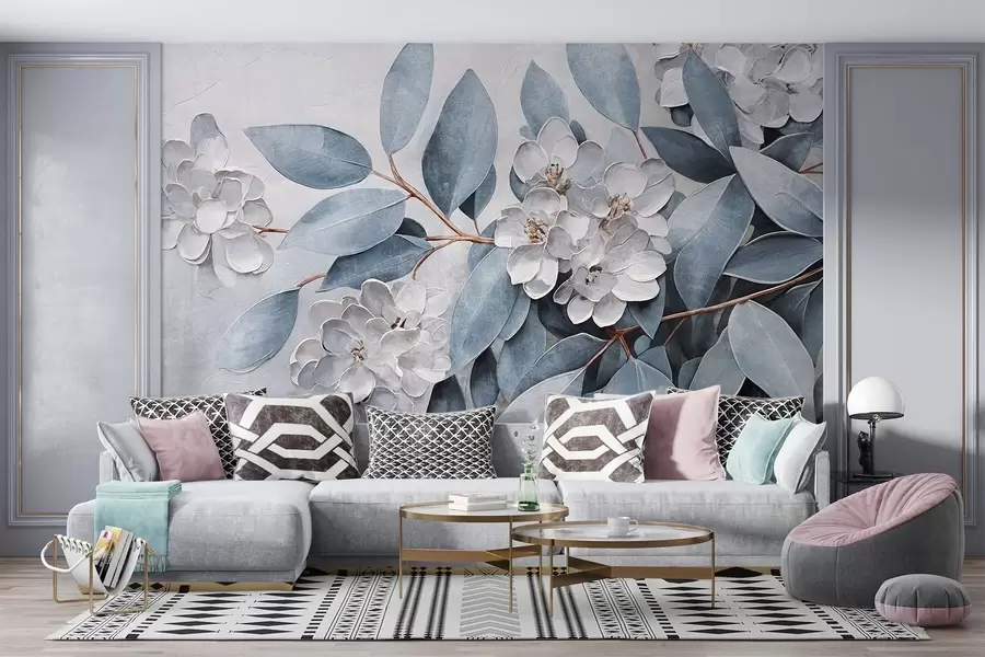 wall murals Delicate white flowers with gray-green leaves against a soft, muted background in oil painting style w08437