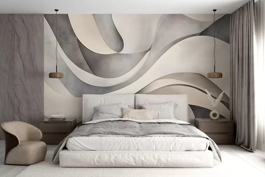 wall murals White, beige and gray curved shapes and forms , creating abstract textural modern minimalistic print w08439