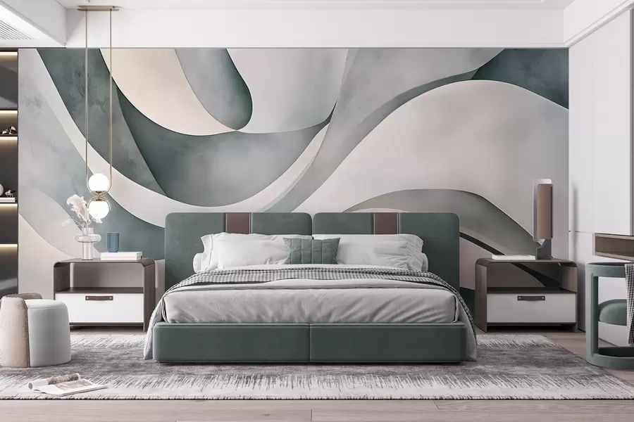 wall murals White, blue and gray curved shapes and forms , creating abstract textural modern minimalistic print w08439v1