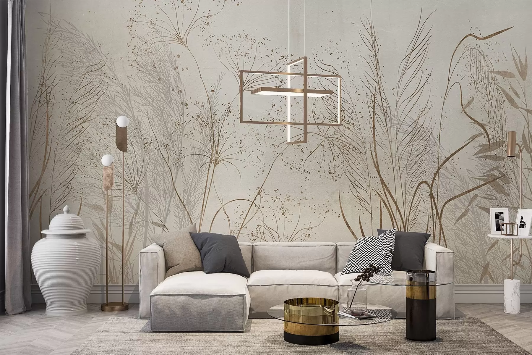 wall murals A monochrome illustration of various beige plants and spikelets with delicate, wispy lines and textures w08441