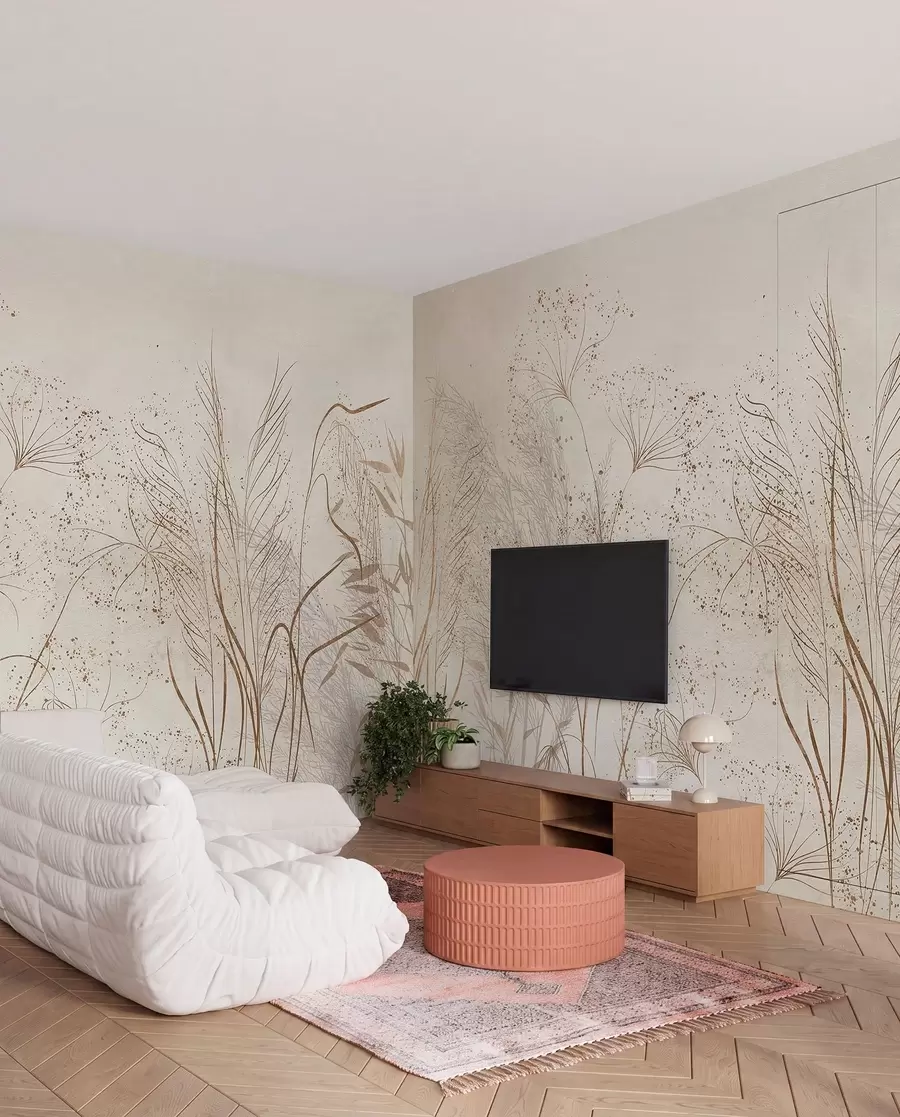 wall murals A monochrome illustration of various beige plants and spikelets with delicate, wispy lines and textures w08441