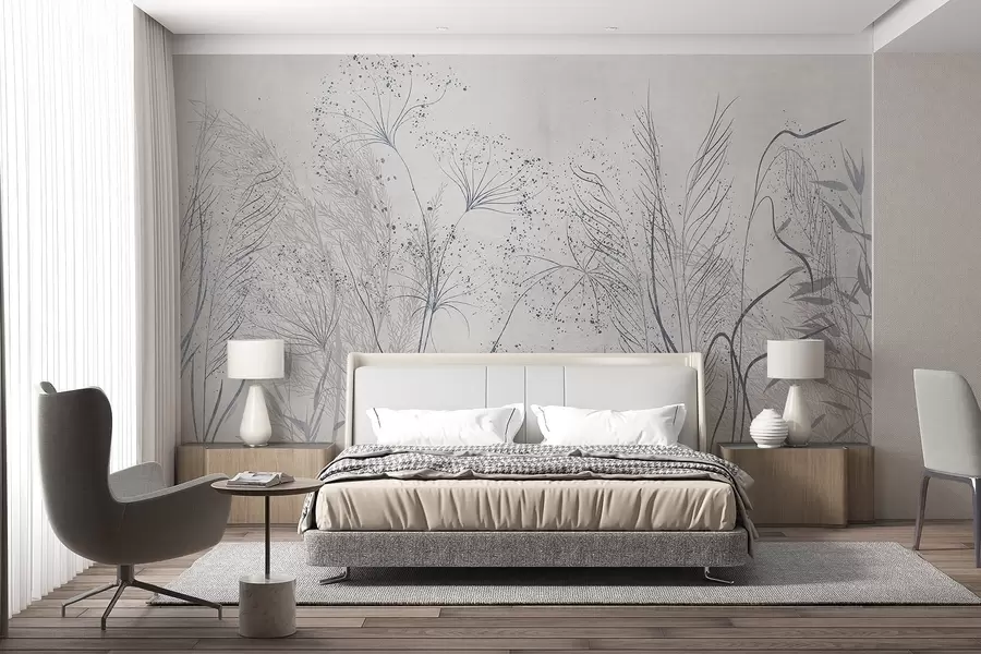wall murals A monochrome illustration of various gray plants and spikelets with delicate, wispy lines and textures w08441v1