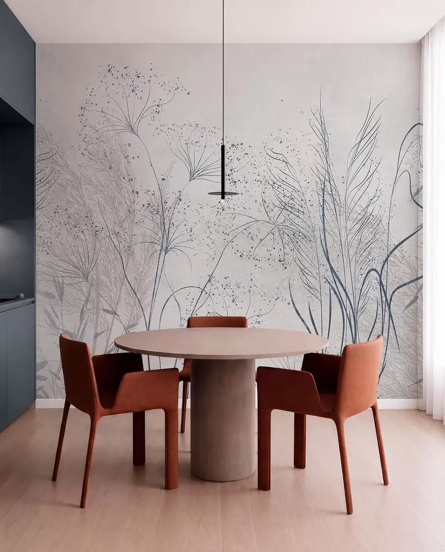 wall murals A monochrome illustration of various gray plants and spikelets with delicate, wispy lines and textures w08441v1