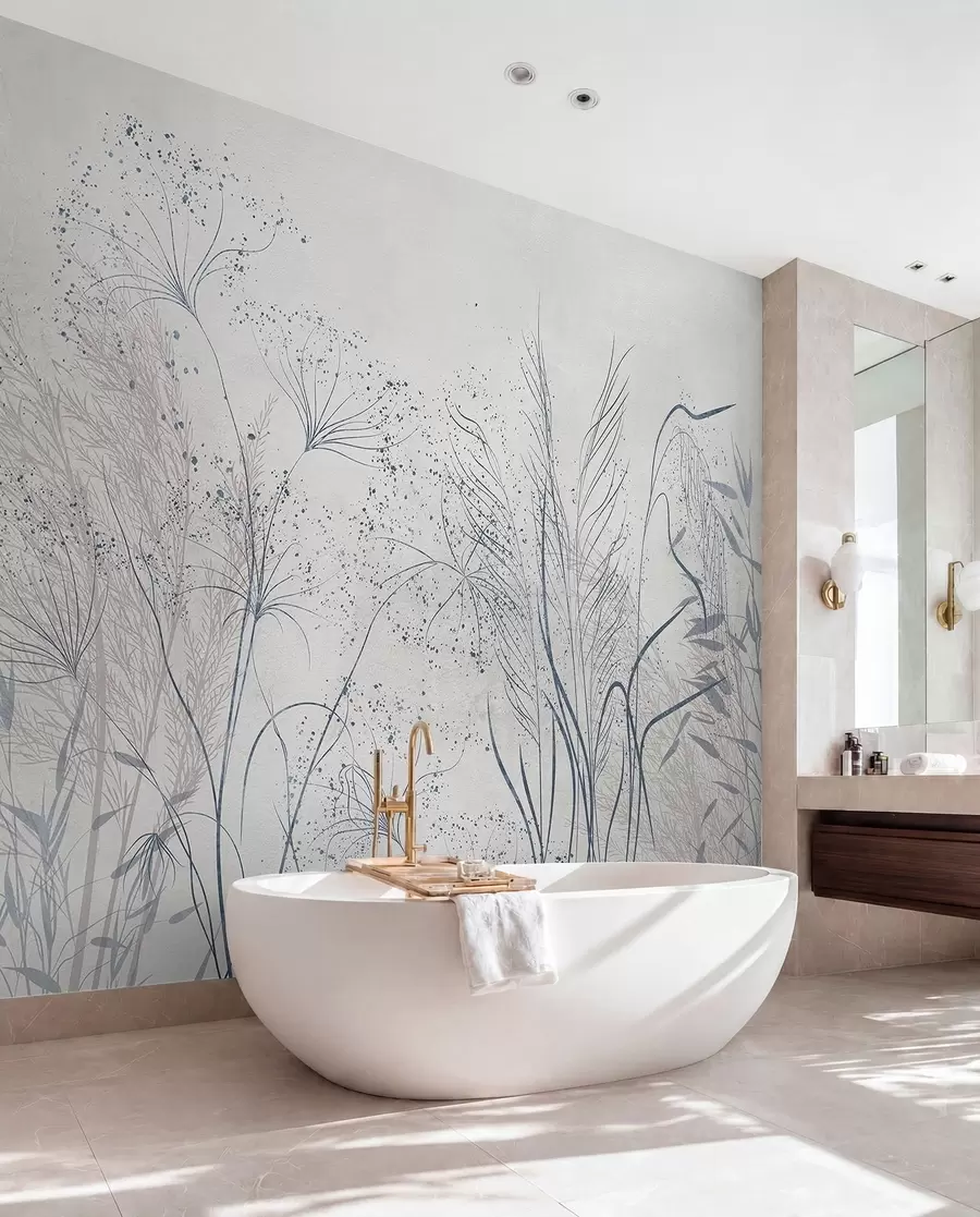 wall murals A monochrome illustration of various gray plants and spikelets with delicate, wispy lines and textures w08441v1