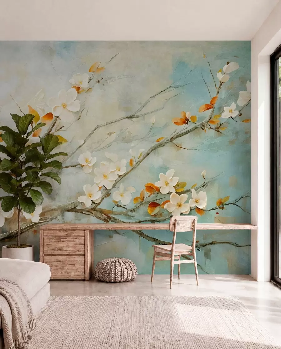 wall murals White cherry blossoms on branches against a soft blue and green background in oil painting style w08444
