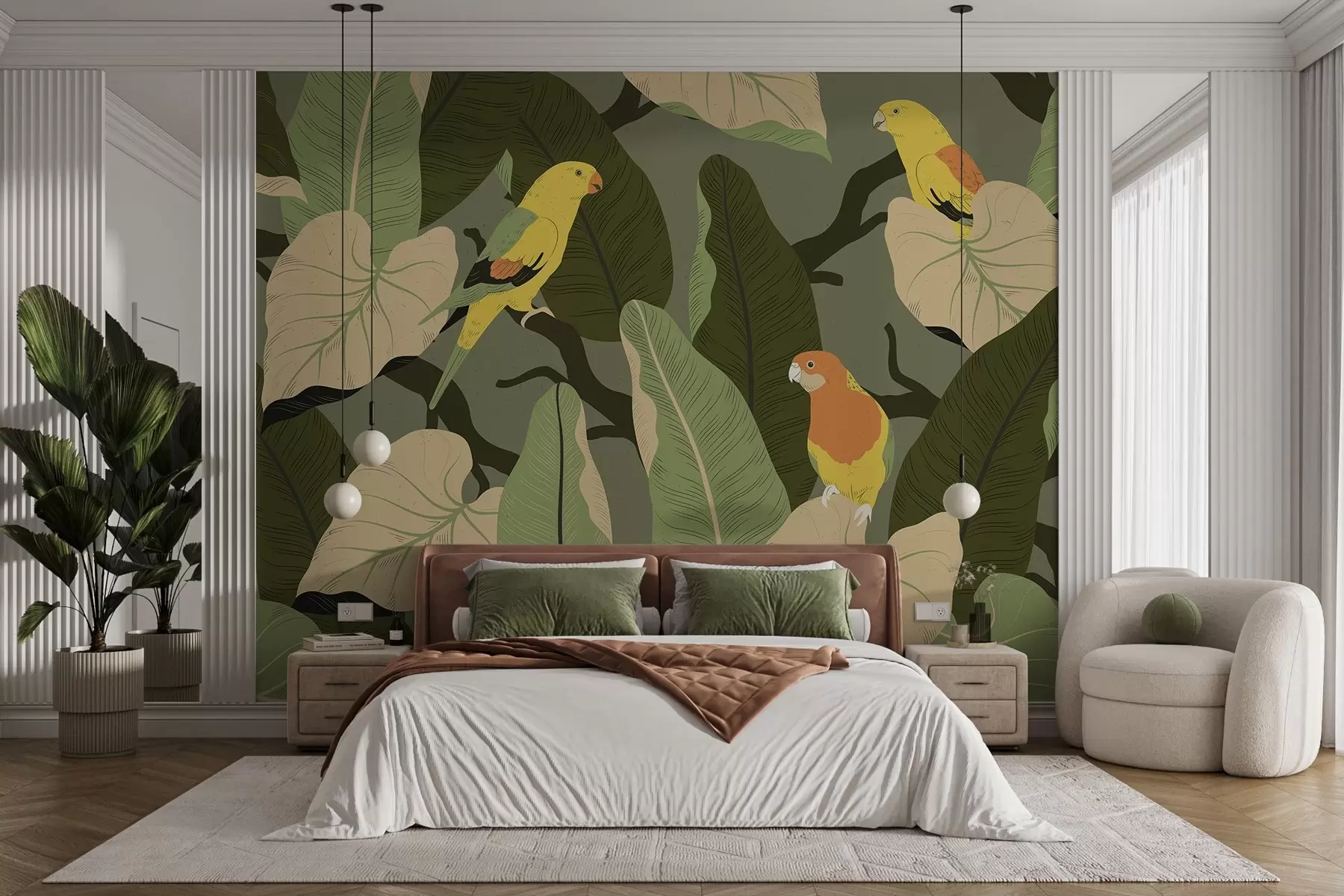 wall murals tropical leaves with parrots w02402
