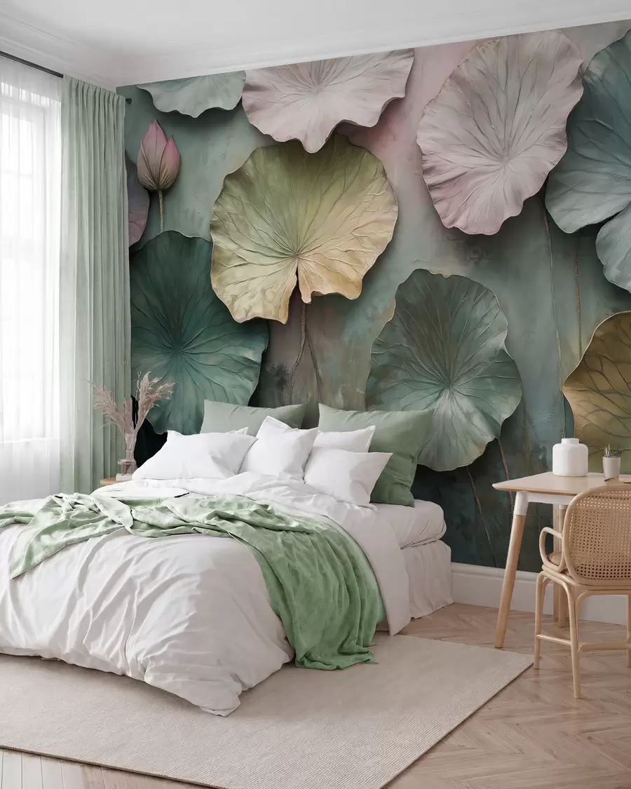 wall murals lotus leaves in pastel style with a volume effect w02441