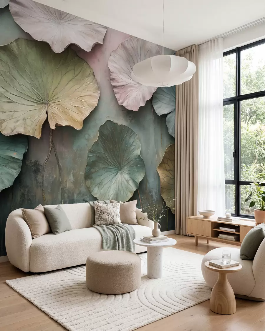 wall murals lotus leaves in pastel style with a volume effect w02441