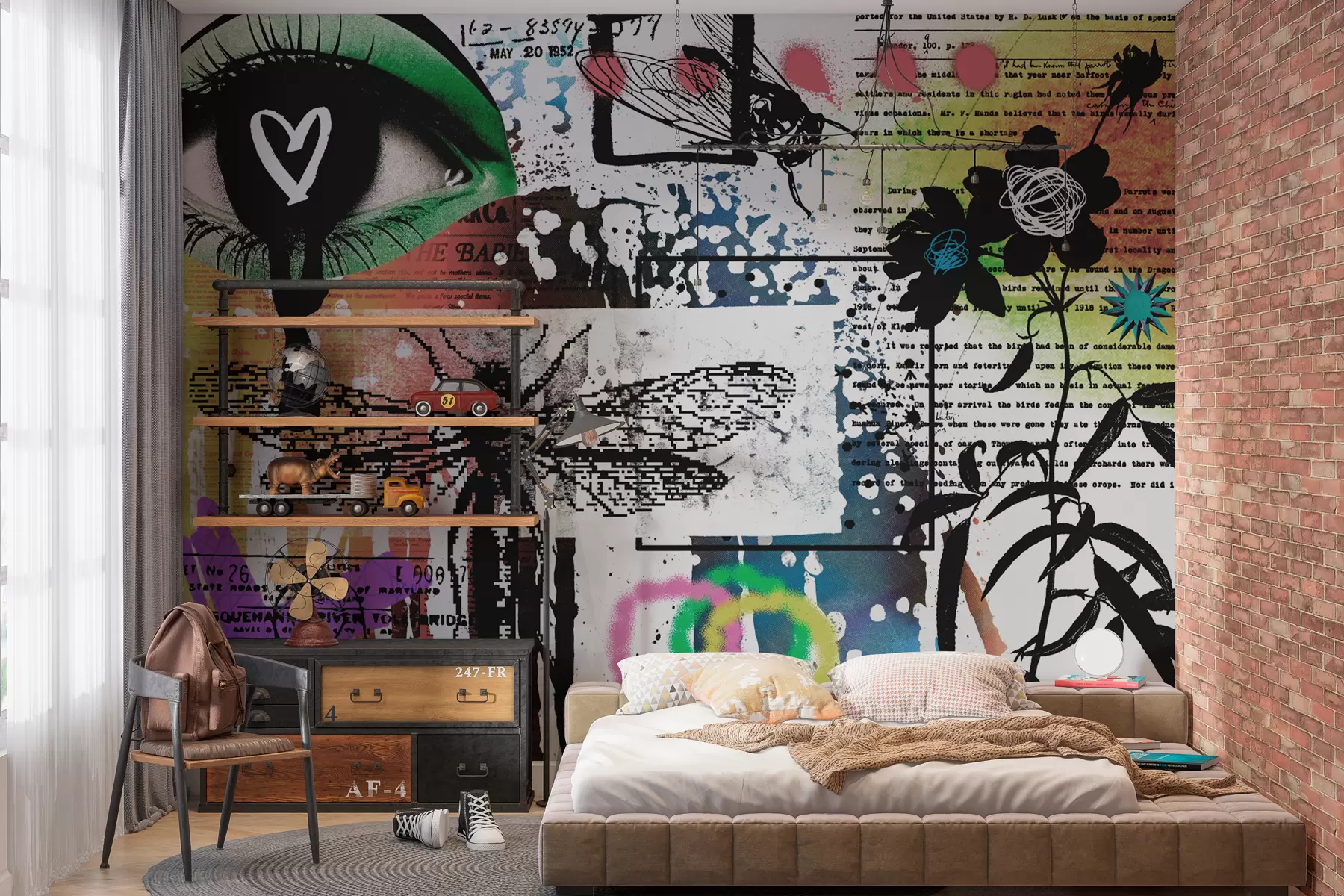 wall murals Graffiti style inscriptions, flowers, figures w02255