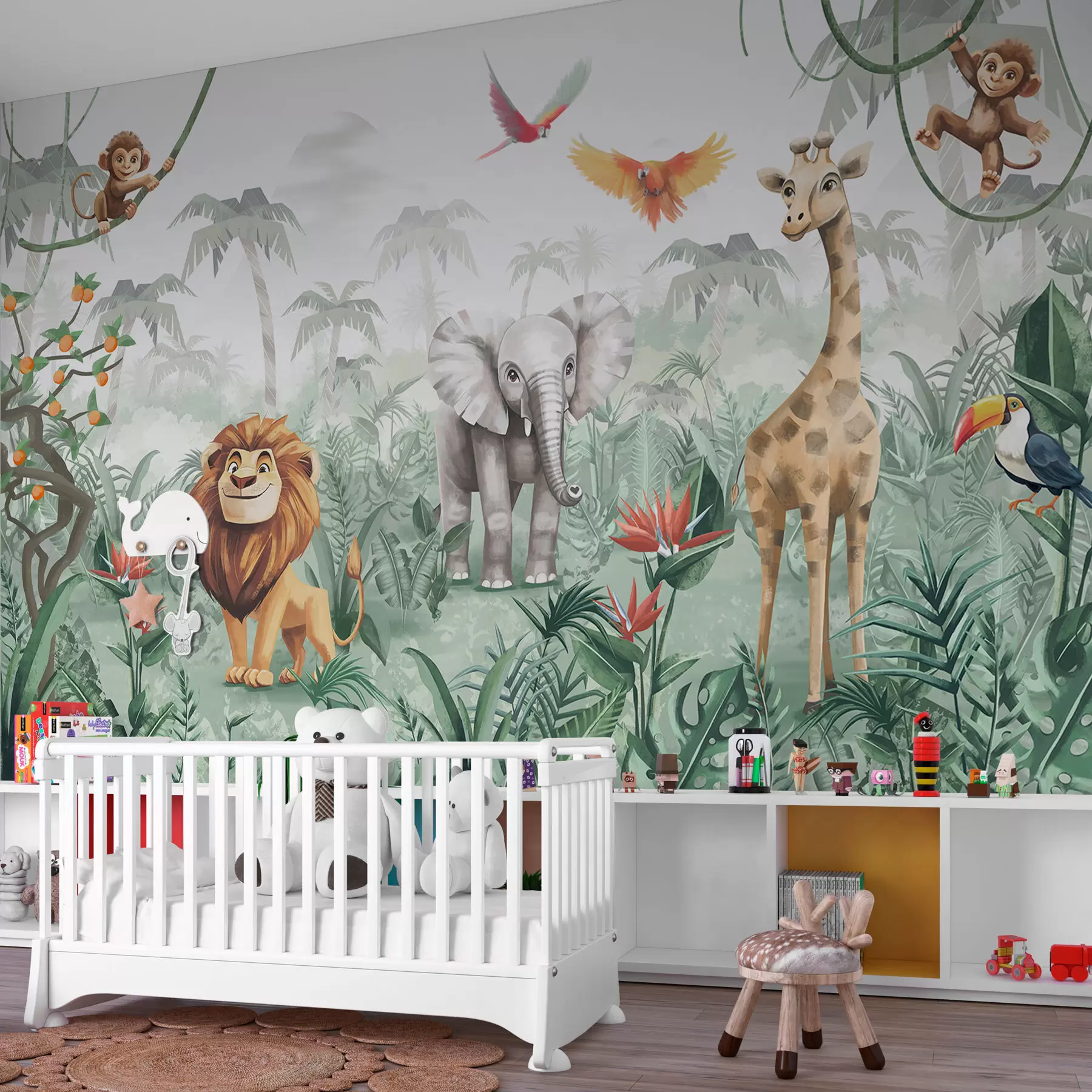 wall murals Children's jungle design with lion, giraffe, elephant and parrots w02440
