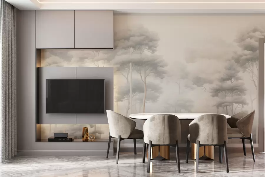 wall murals Delicate foggy forest with loose crowns w02448