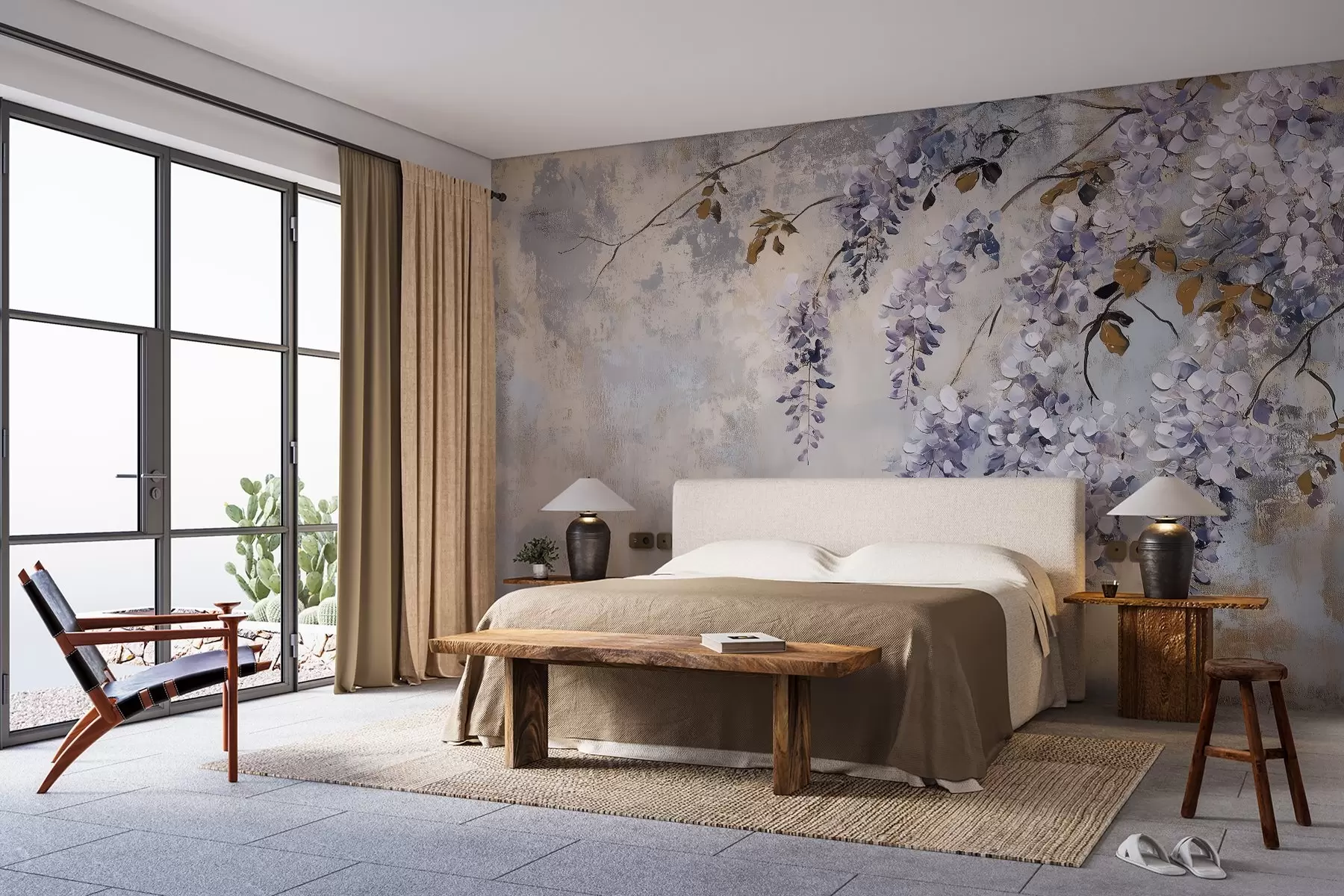wall murals textured wallpaper in soft, muted colors with delicate wisteria flowers and branches. w02451