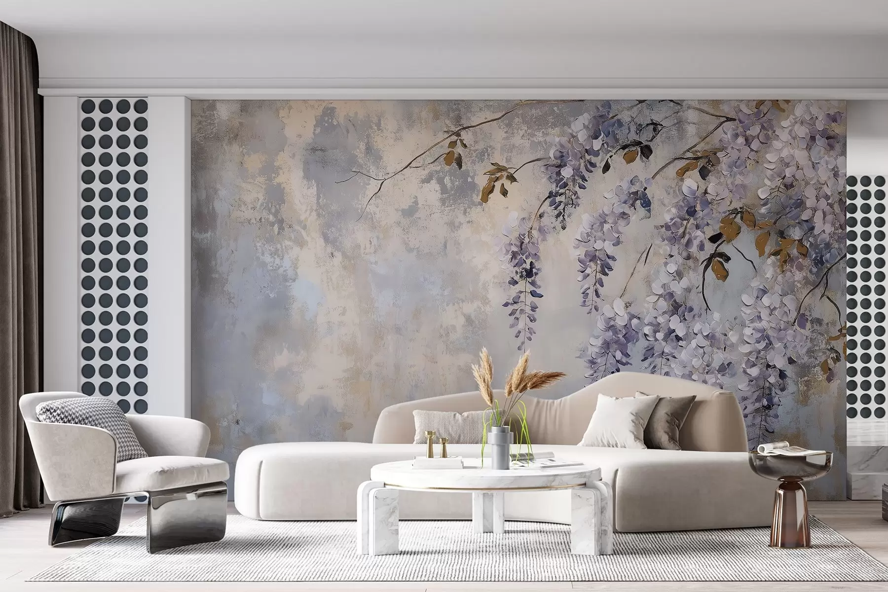 wall murals textured wallpaper in soft, muted colors with delicate wisteria flowers and branches. w02451