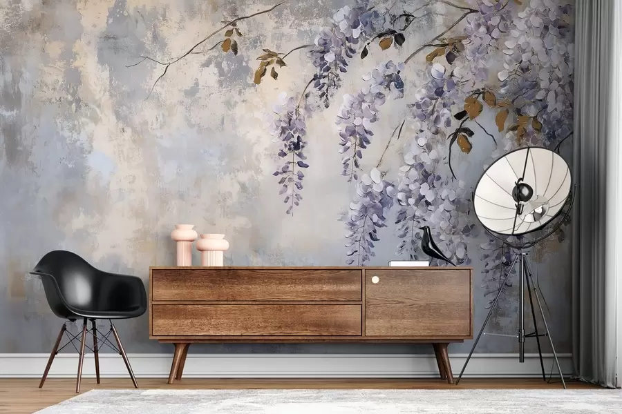 wall murals textured wallpaper in soft, muted colors with delicate wisteria flowers and branches w02451