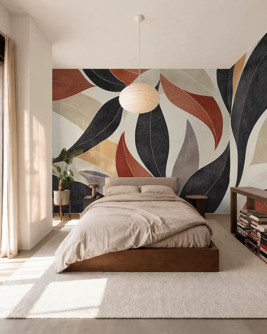 wall murals abstract leaves in a palette of earthy tones - beige, terracotta and dark gray w02452