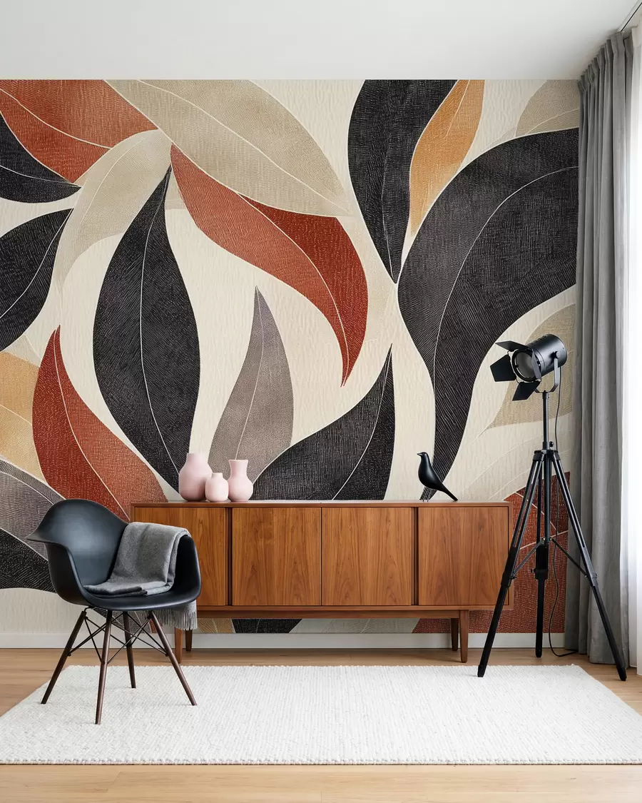 wall murals abstract leaves in a palette of earthy tones - beige, terracotta and dark gray w02452