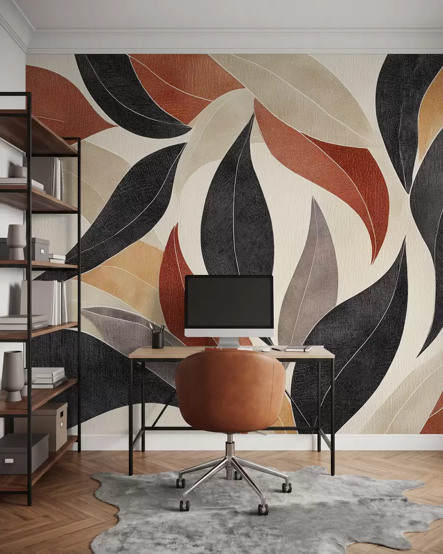 wall murals abstract leaves in a palette of earthy tones - beige, terracotta and dark gray w02452