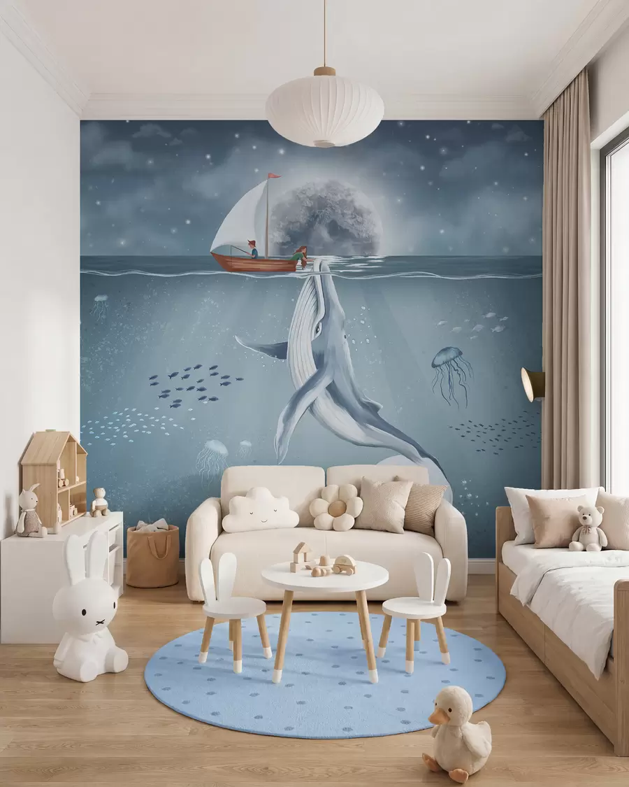 wall murals Whale beside a Moonlit Boat w02476