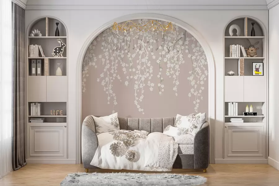 wall murals Flowing delicate branches with flowers on a pastel background w02479v2