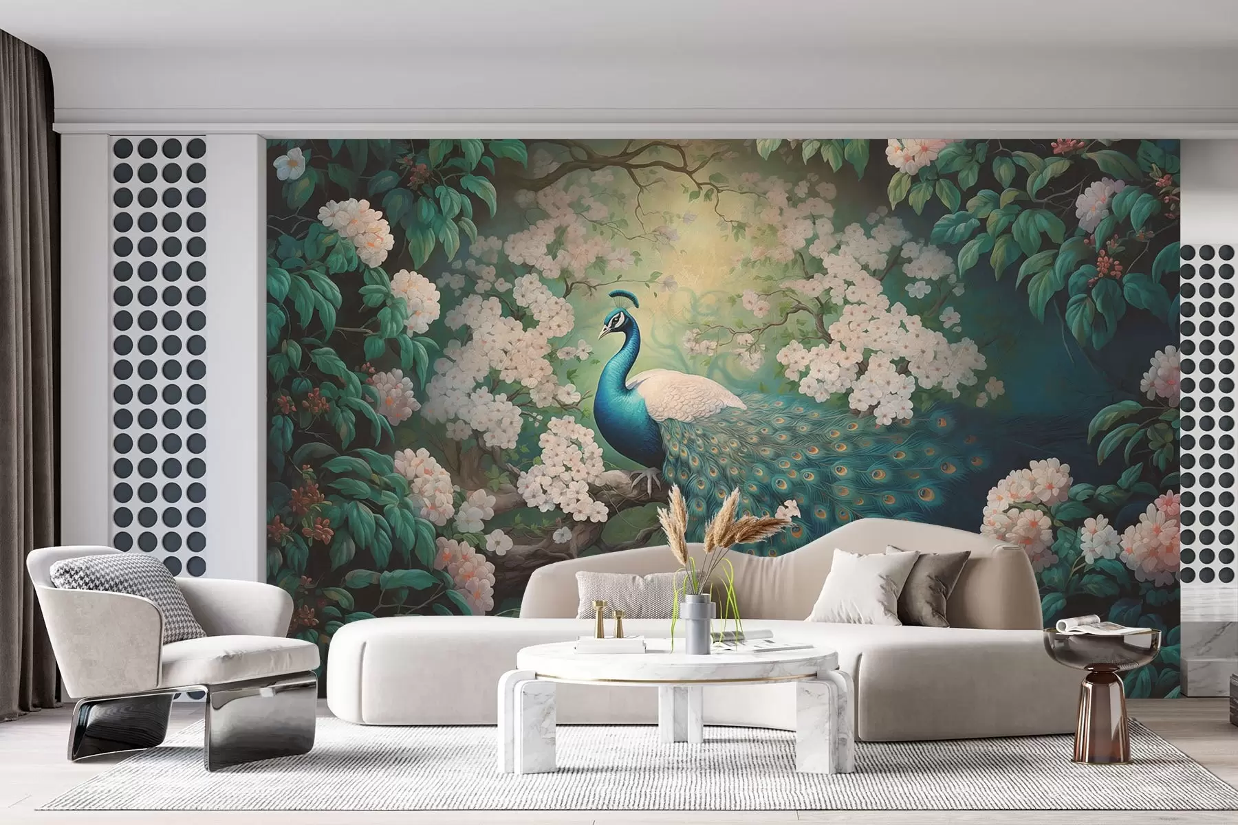 wall murals Beautiful peacock on branches among small flowers w08475