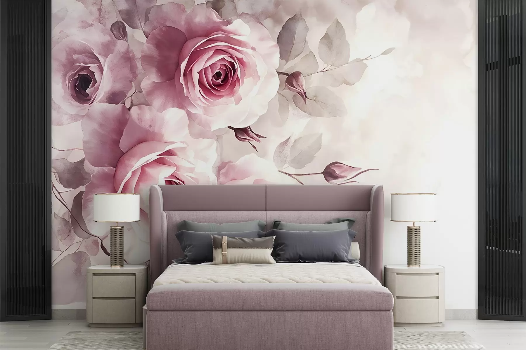 wall murals Delicate pastel pink roses and leaves with soft, blurred watercolor imitation background w08459