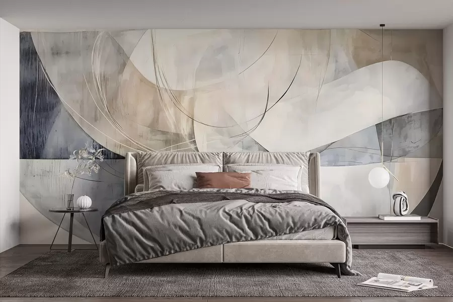 wall murals Abstract shapes and forms in shades of white, gray, beige and blue against a blurred textured background w08461