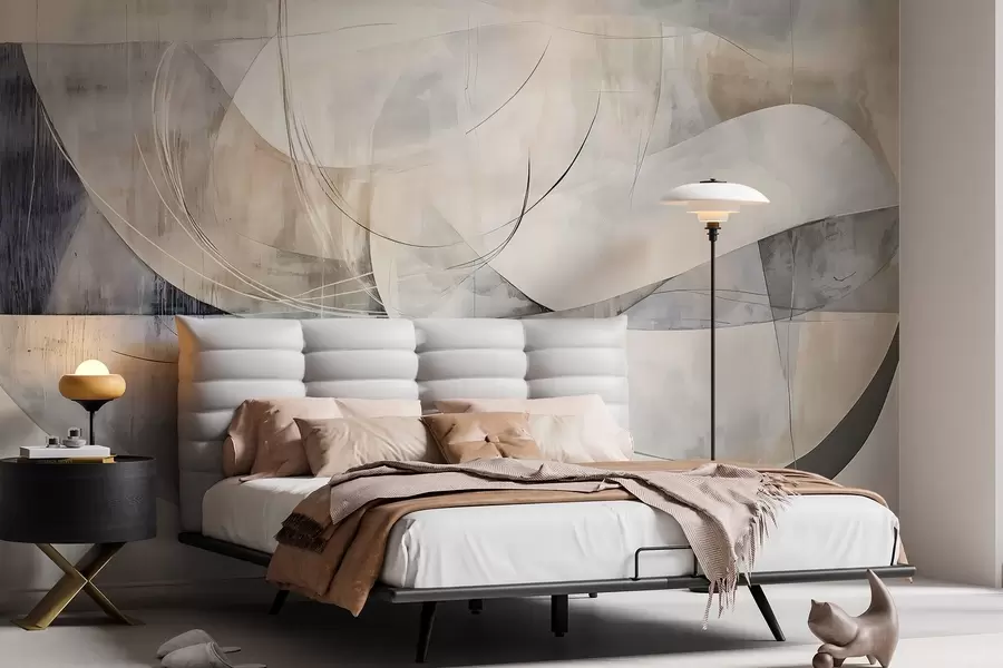 wall murals Abstract shapes and forms in shades of white, gray, beige and blue against a blurred textured background w08461