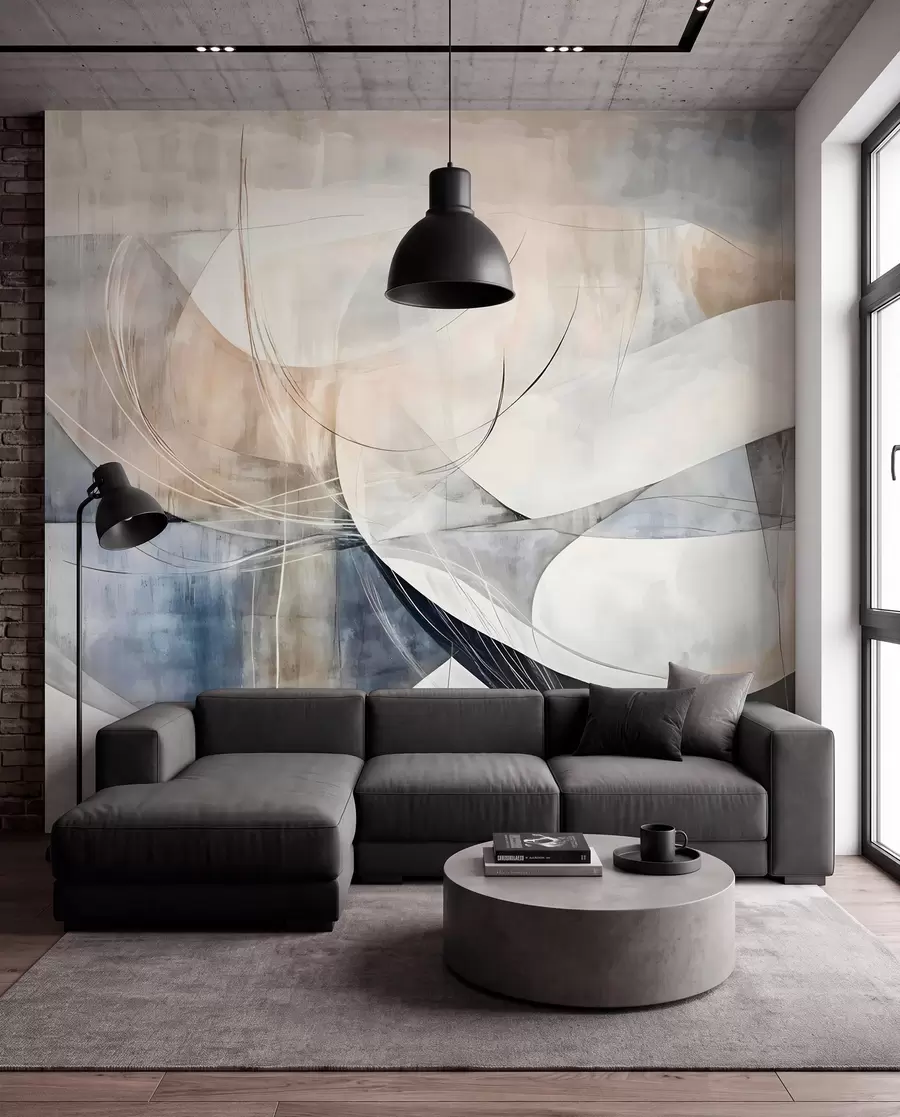 wall murals Abstract shapes and forms in shades of white, gray, beige and blue against a blurred textured background w08461