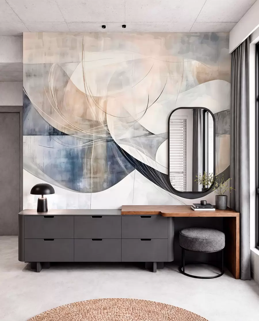 wall murals Abstract shapes and forms in shades of white, gray, beige and blue against a blurred textured background w08461