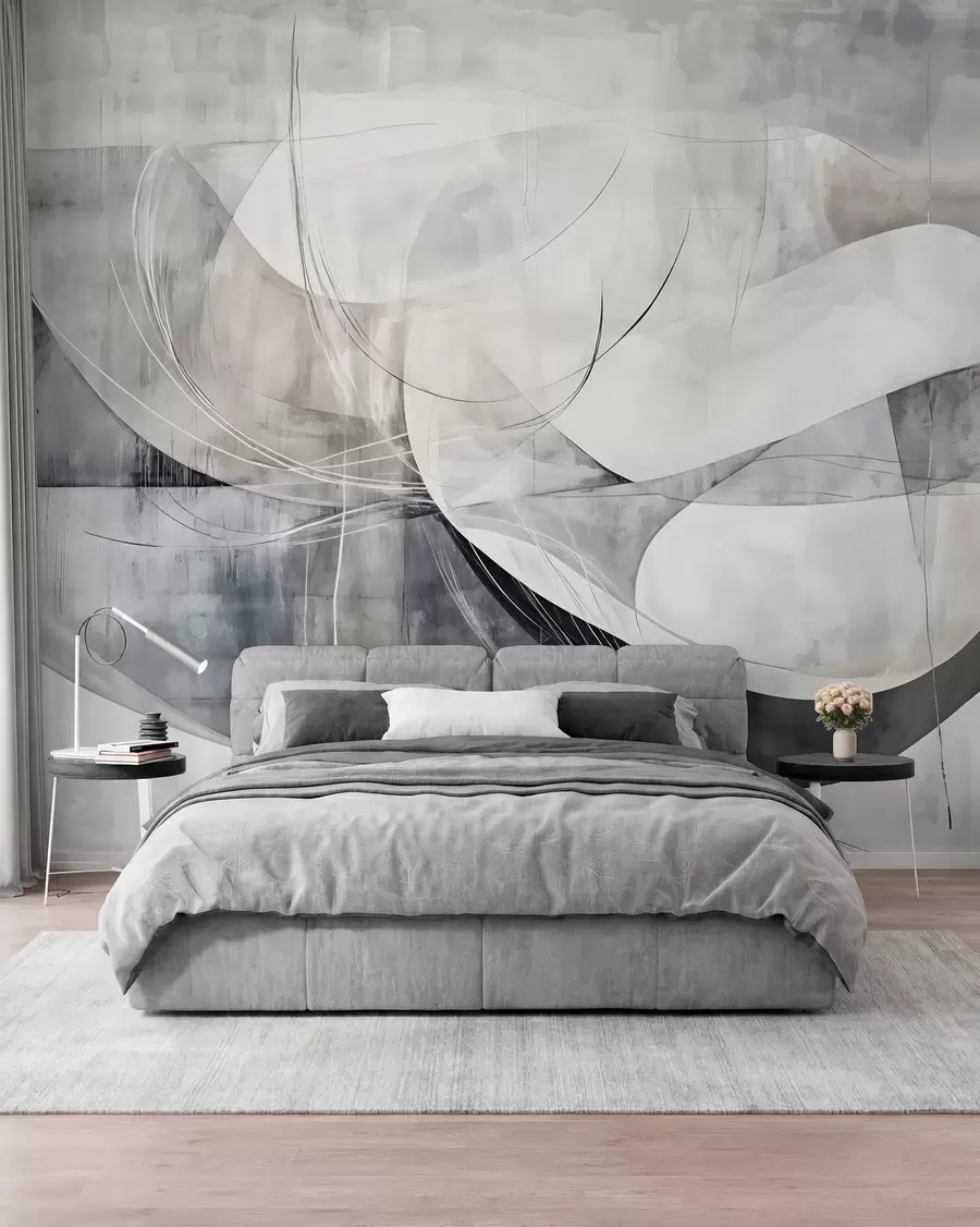 wall murals Abstract shapes and forms in shades of white, gray and black against a blurred textured background w08461v1