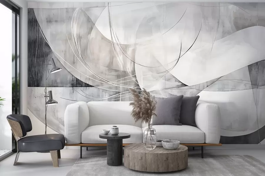 wall murals Abstract shapes and forms in shades of white, gray and black against a blurred textured background w08461v1