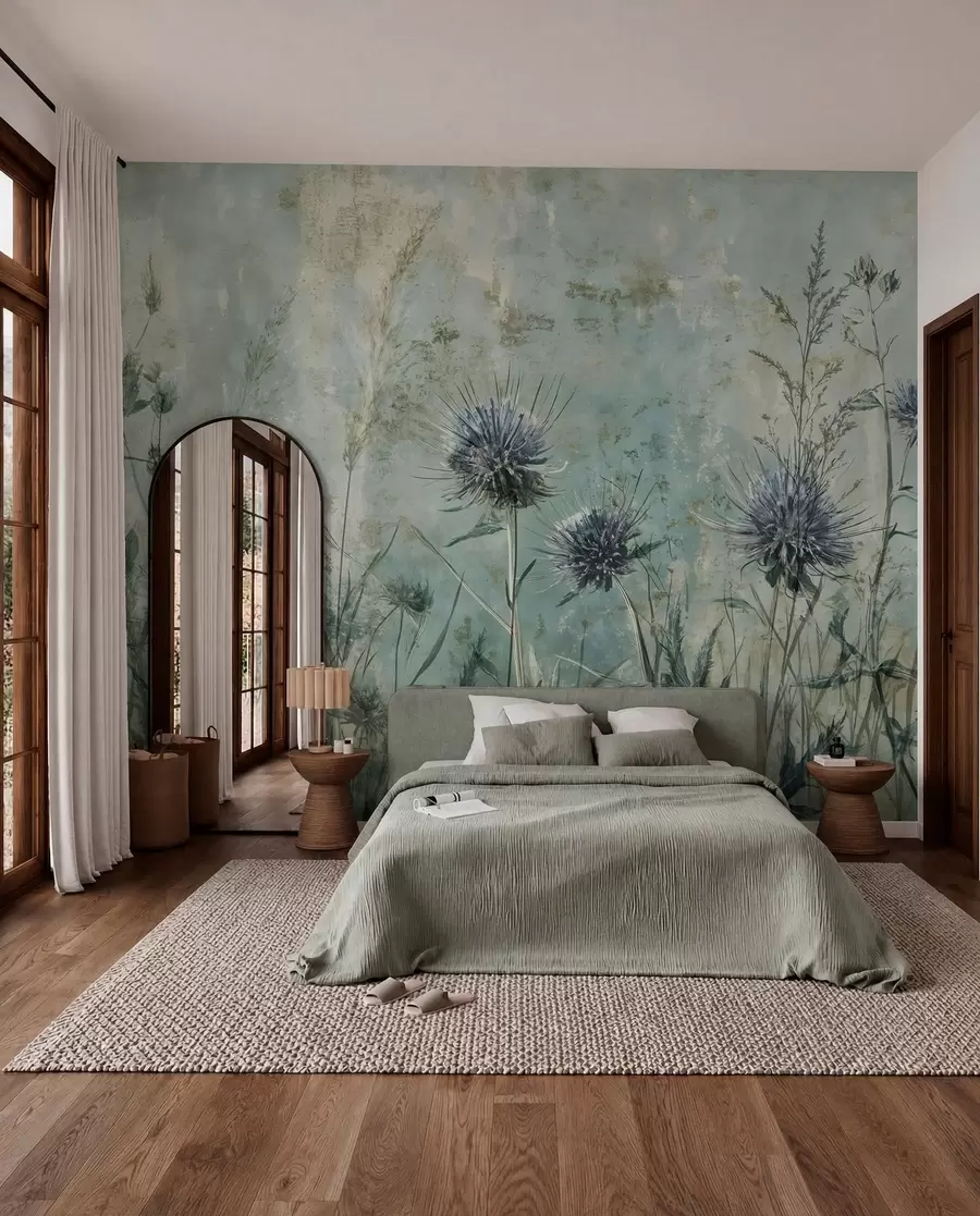 wall murals A field of purple thistle flowers with blurred flowers and foliage in the vintage textural background w08463