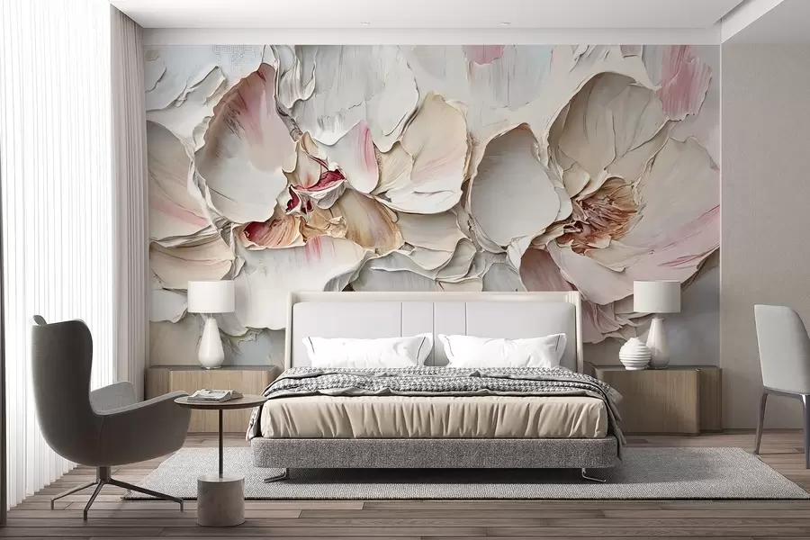 wall murals Delicate, pale pink flowers with soft, layered petals on a muted, textured background impasto oil painting imitation w08467