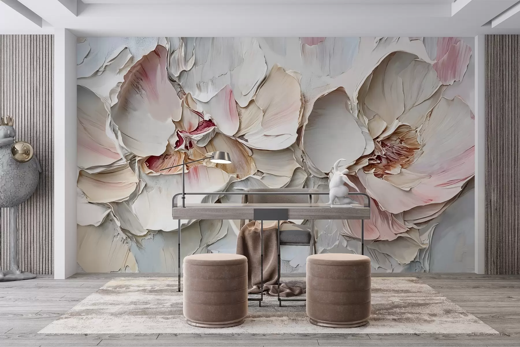 wall murals Delicate, pale pink flowers with soft, layered petals on a muted, textured background impasto oil painting imitation w08467