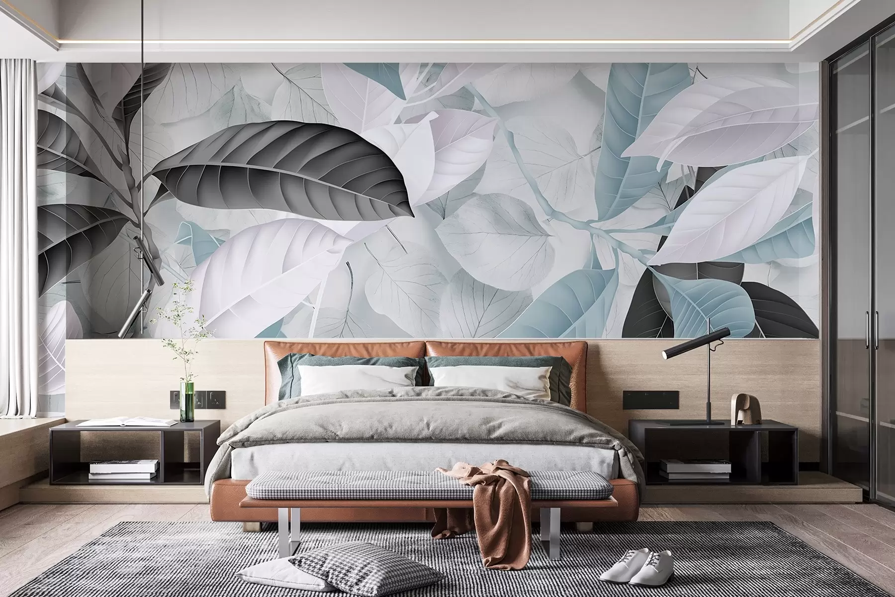 wall murals Large print of blue and gray leaves against a light leaves textured background, creating a lush tropical feel w08468v1